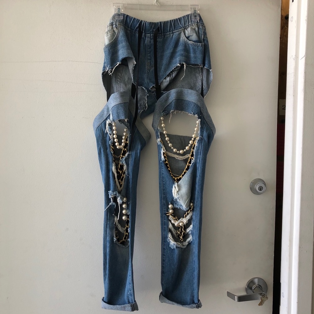Cutout Denim Jeans w/ Pearl and Chain Designs
